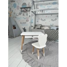 Дитячий прямокутний стіл із шухлядою та стільчик білий ведмедик для ігор та уроків.