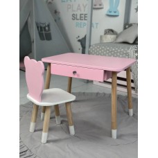 Дитячий прямокутний стіл із шухлядою та стільчик рожевий ведмедик для ігор та уроків.